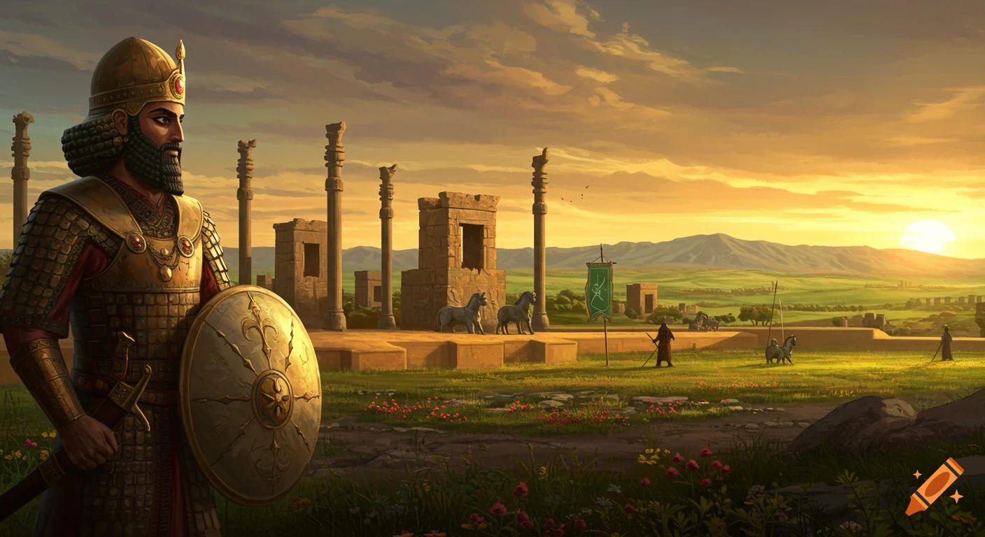 A warrior in gold armor and helmet with a shield stands before ancient ruins in a vibrant sunset landscape.