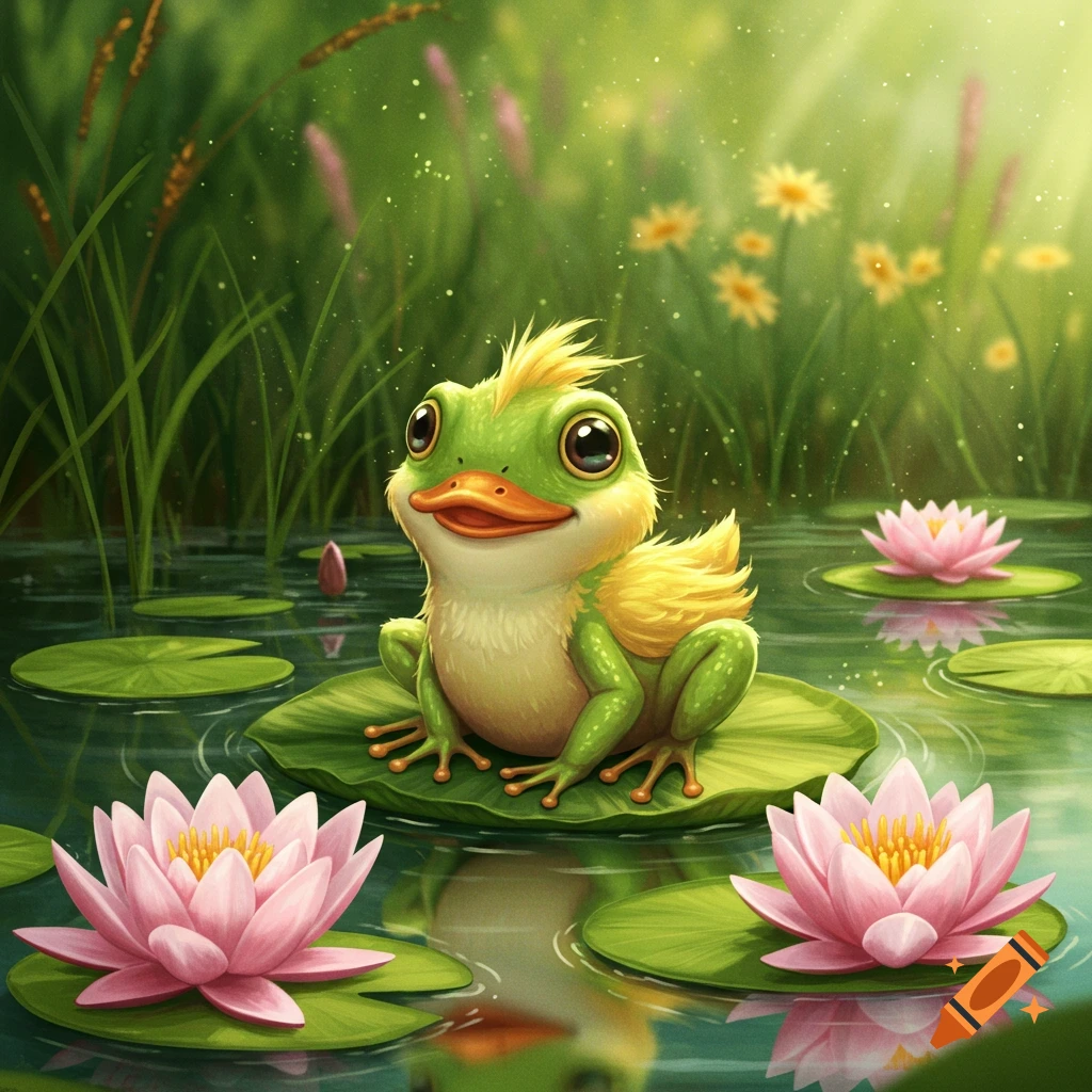 Cute green frog-duck hybrid with yellow feathers on a lily pad in a pond with pink water lilies, illustrative style.