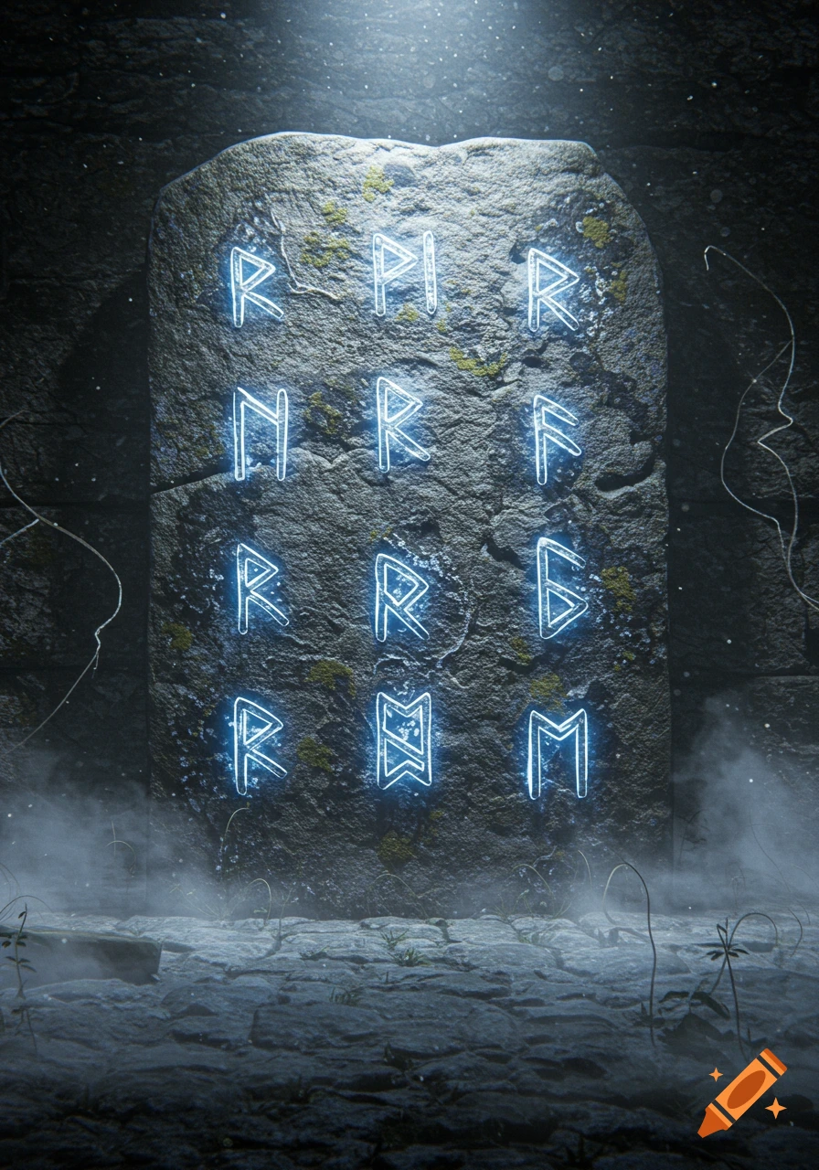 Glowing blue runes carved into an ancient stone tablet in a dark, misty environment.