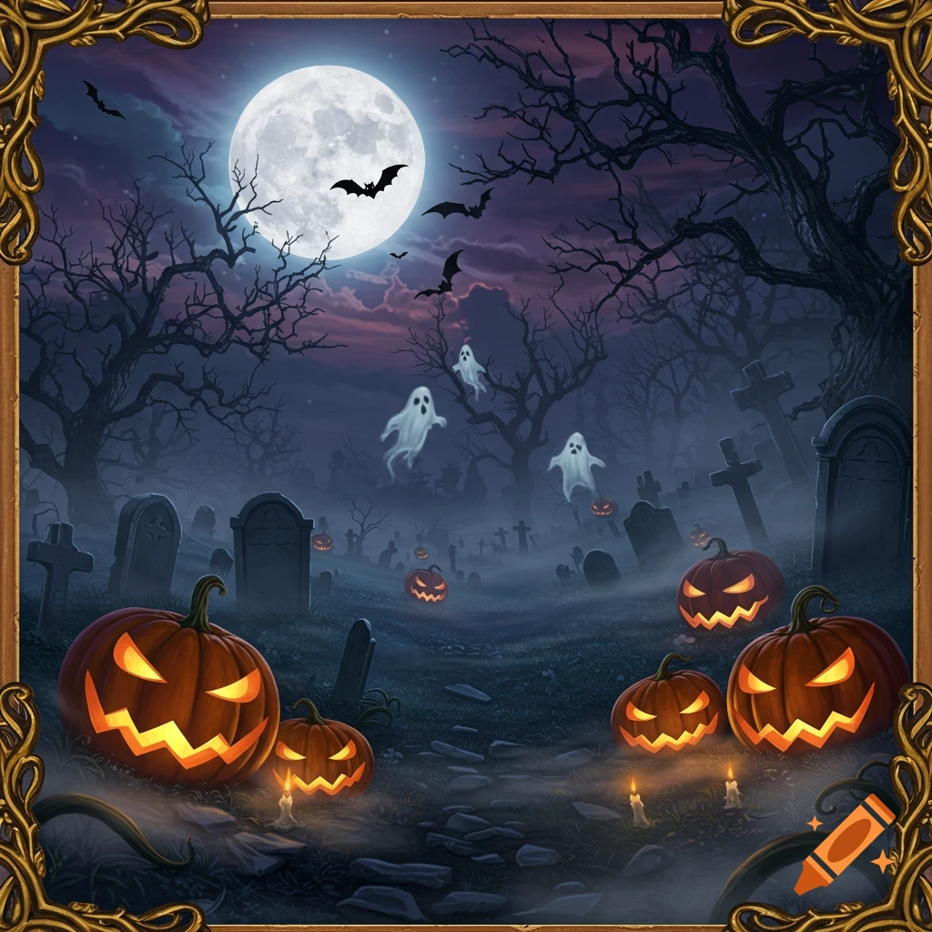 Spooky Halloween graveyard scene at night with a full moon, flying bats, ghostly figures, and glowing jack-o'-lanterns.