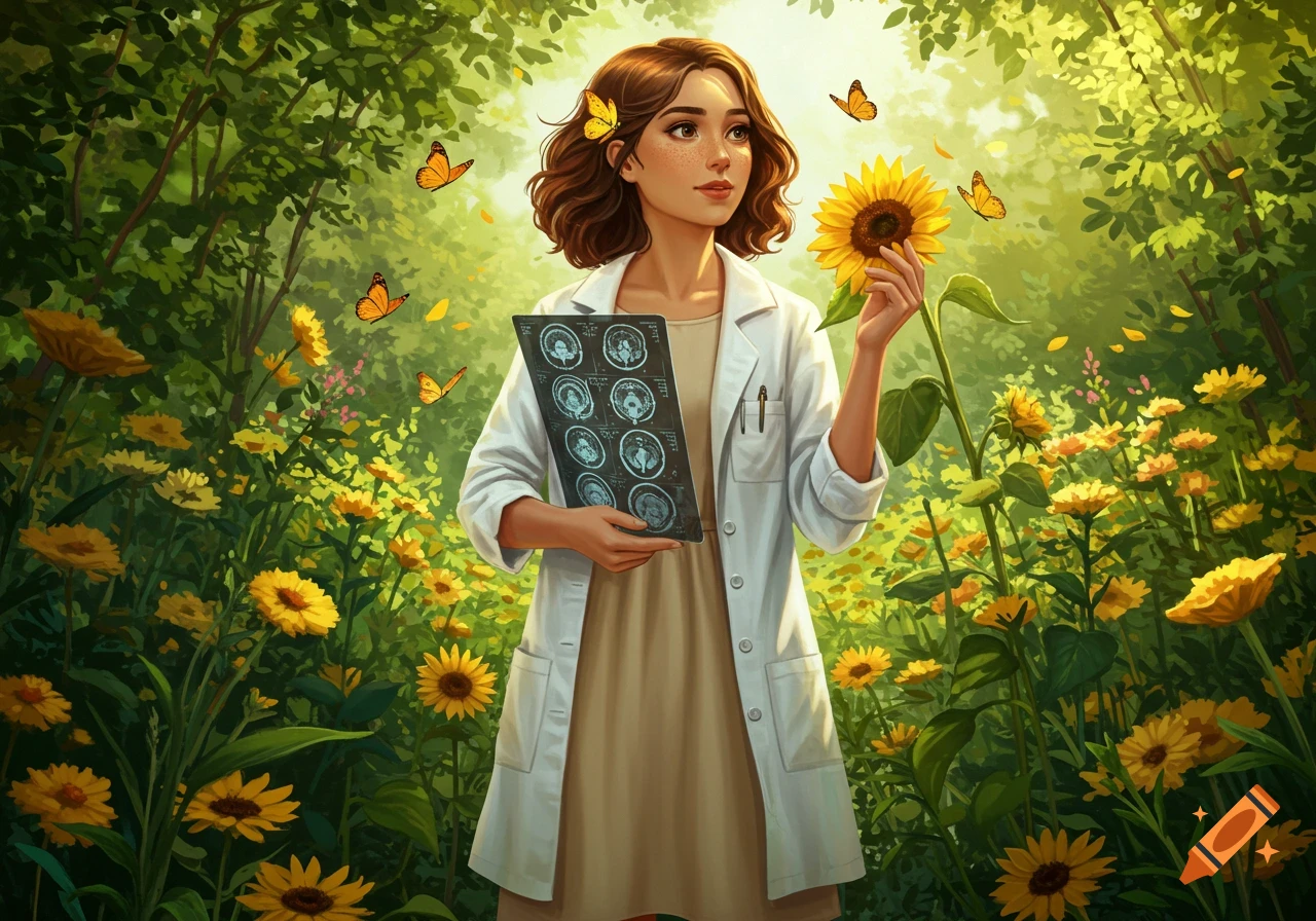 A female neuroscientist in a lab coat stands in a sunflower field, holding a board with medical scans, as butterflies fly by.