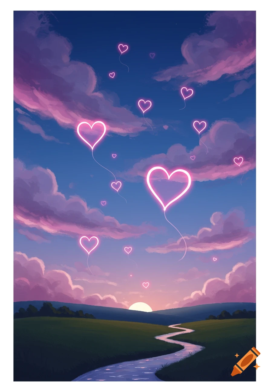 A dreamy landscape at sunset with a winding river and glowing pink heart balloons floating in the sky.