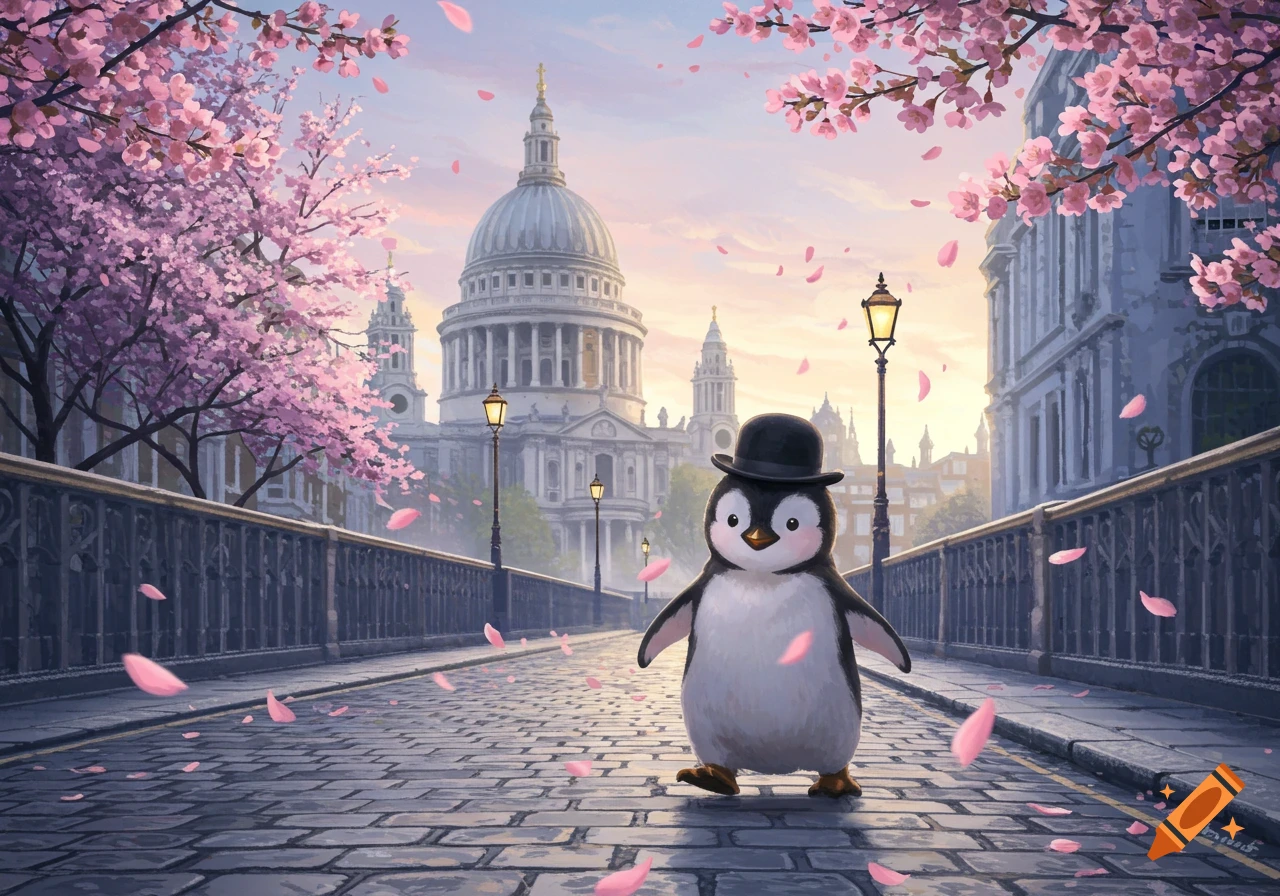 Cute penguin in a bowler hat walks on a cobblestone bridge with falling cherry blossom petals. St. Paul's Cathedral in background at sunset.