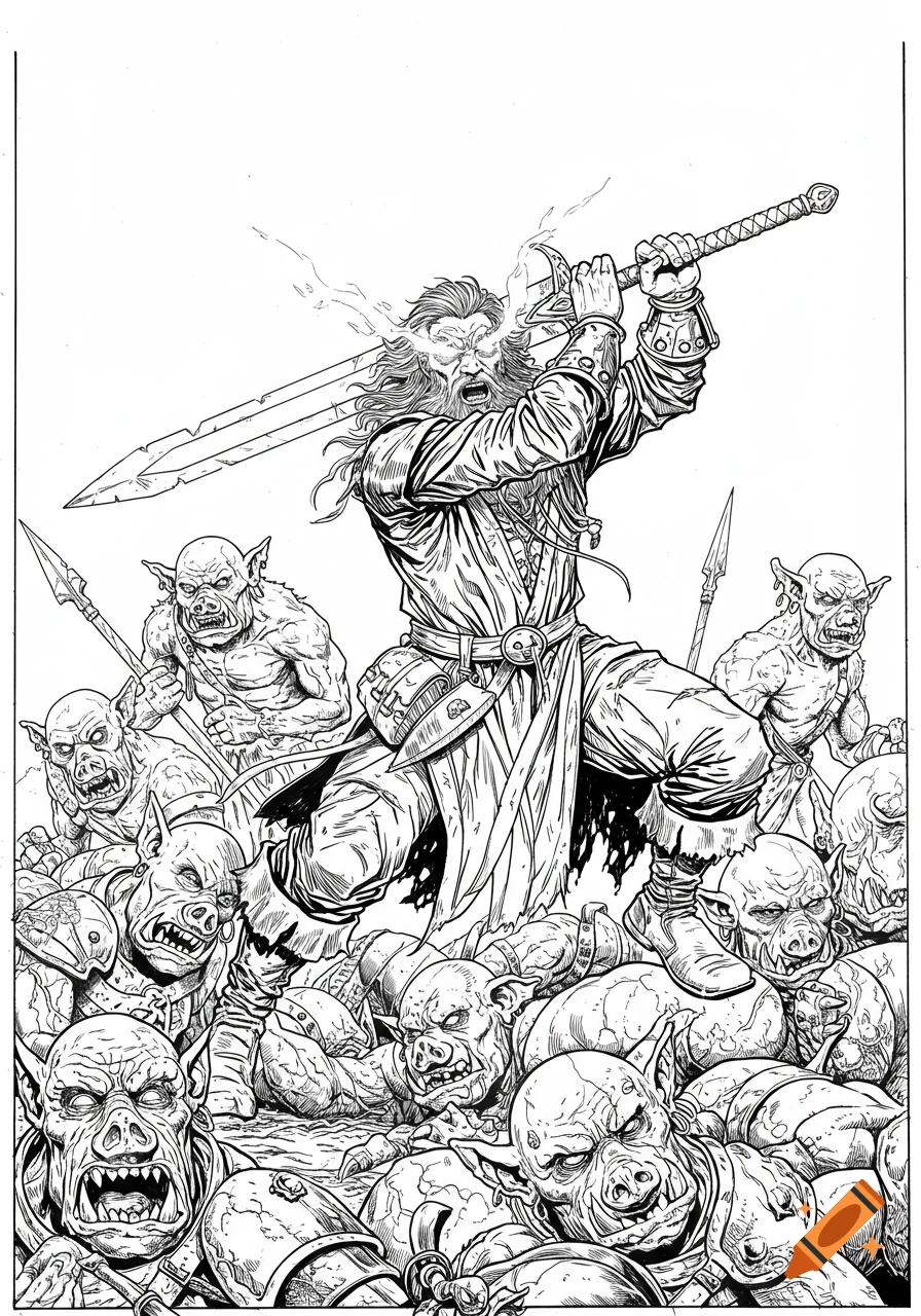 Black and white line art of an enraged wizard with glowing eyes slashing pig-faced orcs with a two-handed sword.