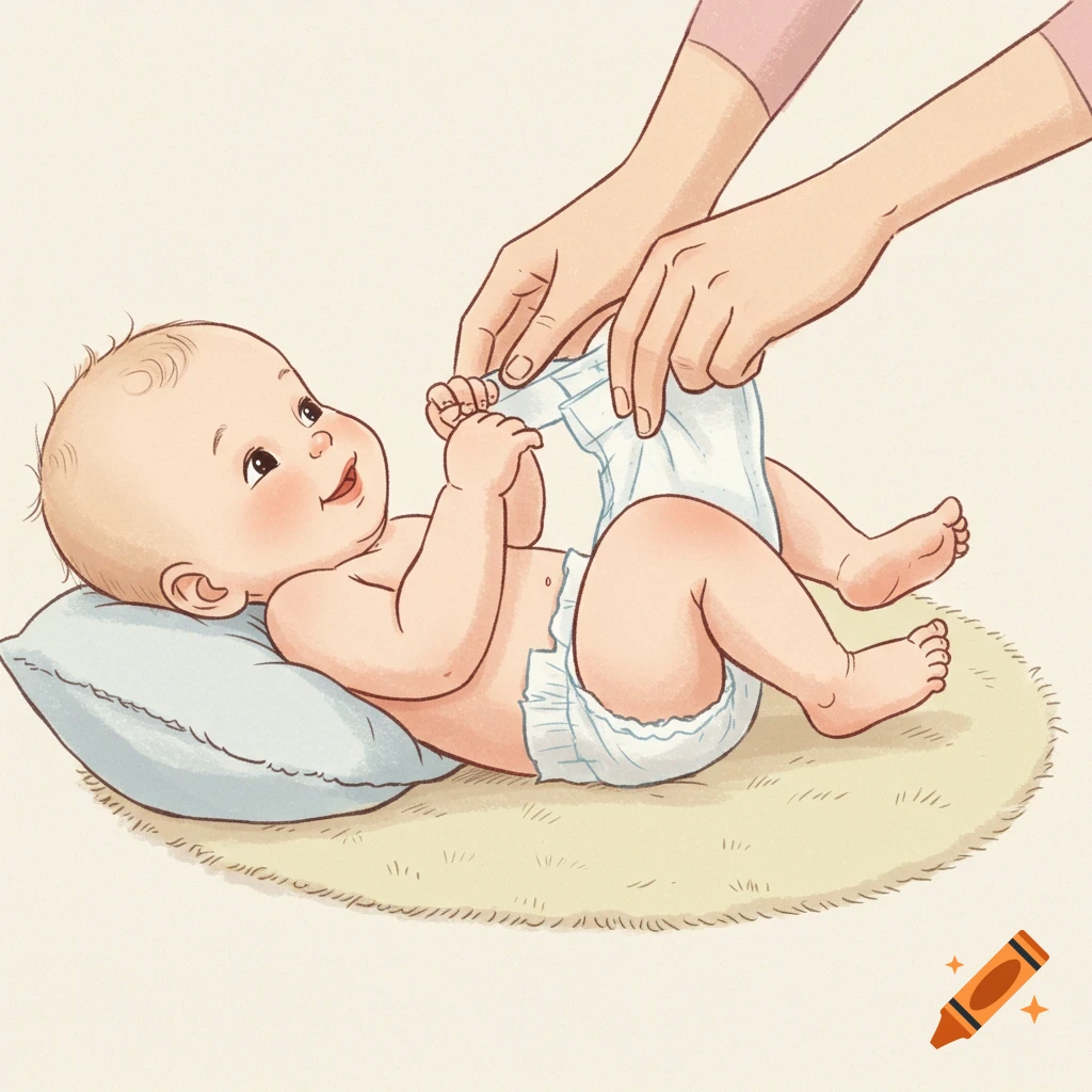 A happy baby on its back on a soft rug and pillow, while an adult changes its diaper, in a gentle cartoon style.