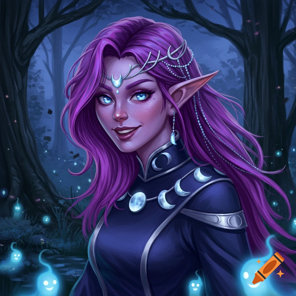 A smiling purple-haired female elf sorcerer with blue eyes and moon jewelry in a dark forest with glowing spirits.