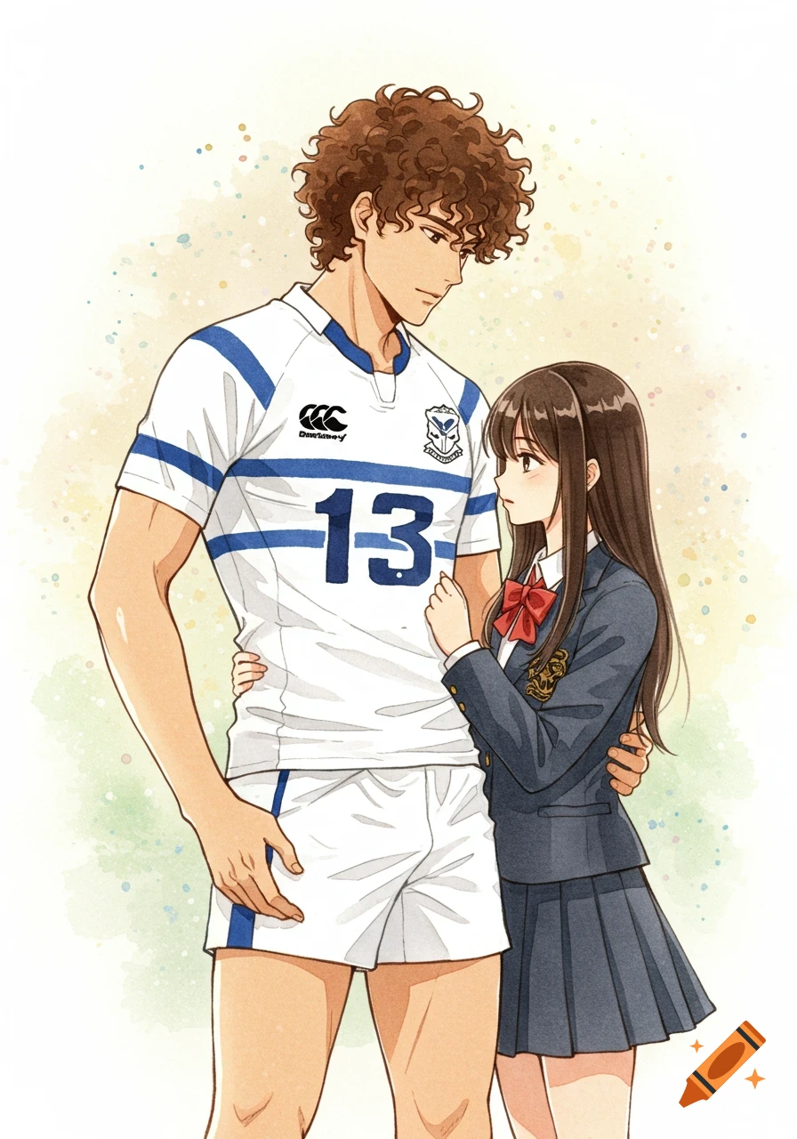 A tall man in a white rugby jersey with number 13 embraces a shorter woman in a dark school uniform. Digital watercolor art style.