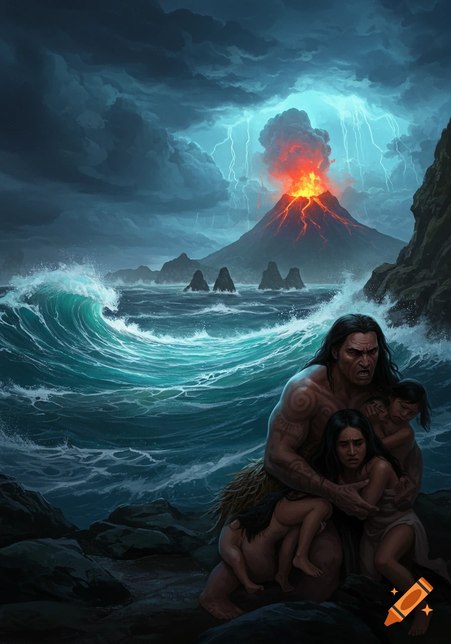 A powerful man protects a woman and child on a rocky shore, shielding them from a volcanic eruption, lightning, and giant waves in a dramatic fantasy illustration.