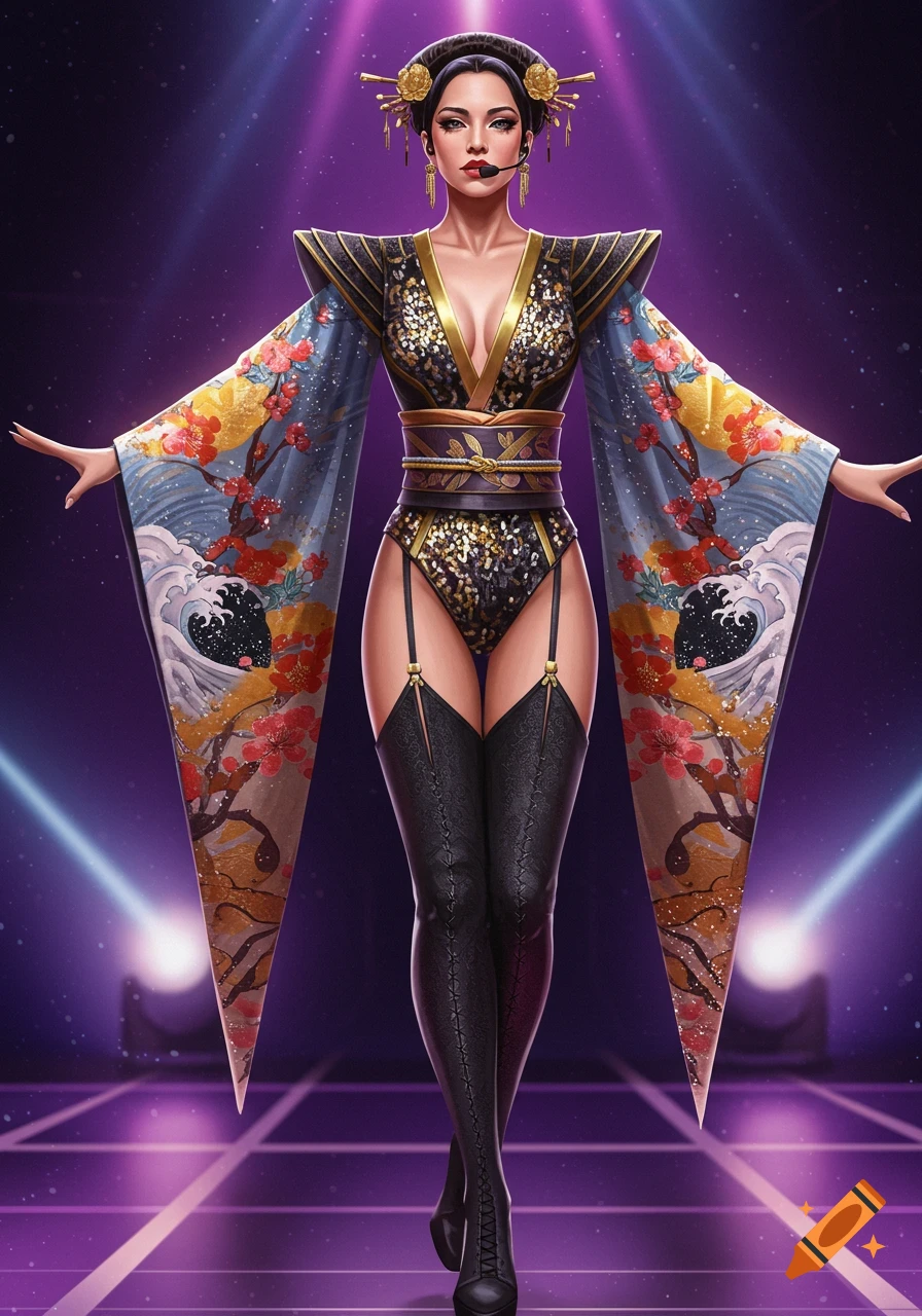 A woman in a sparkling black and gold bodysuit with wide kimono-inspired sleeves, thigh-high boots, and Japanese hair ornaments stands on a purple stage.
