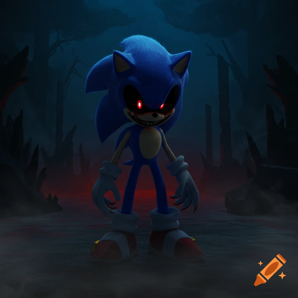 An evil, sharp-toothed Sonic with glowing red eyes and claws stands menacingly in a dark, ominous forest environment.