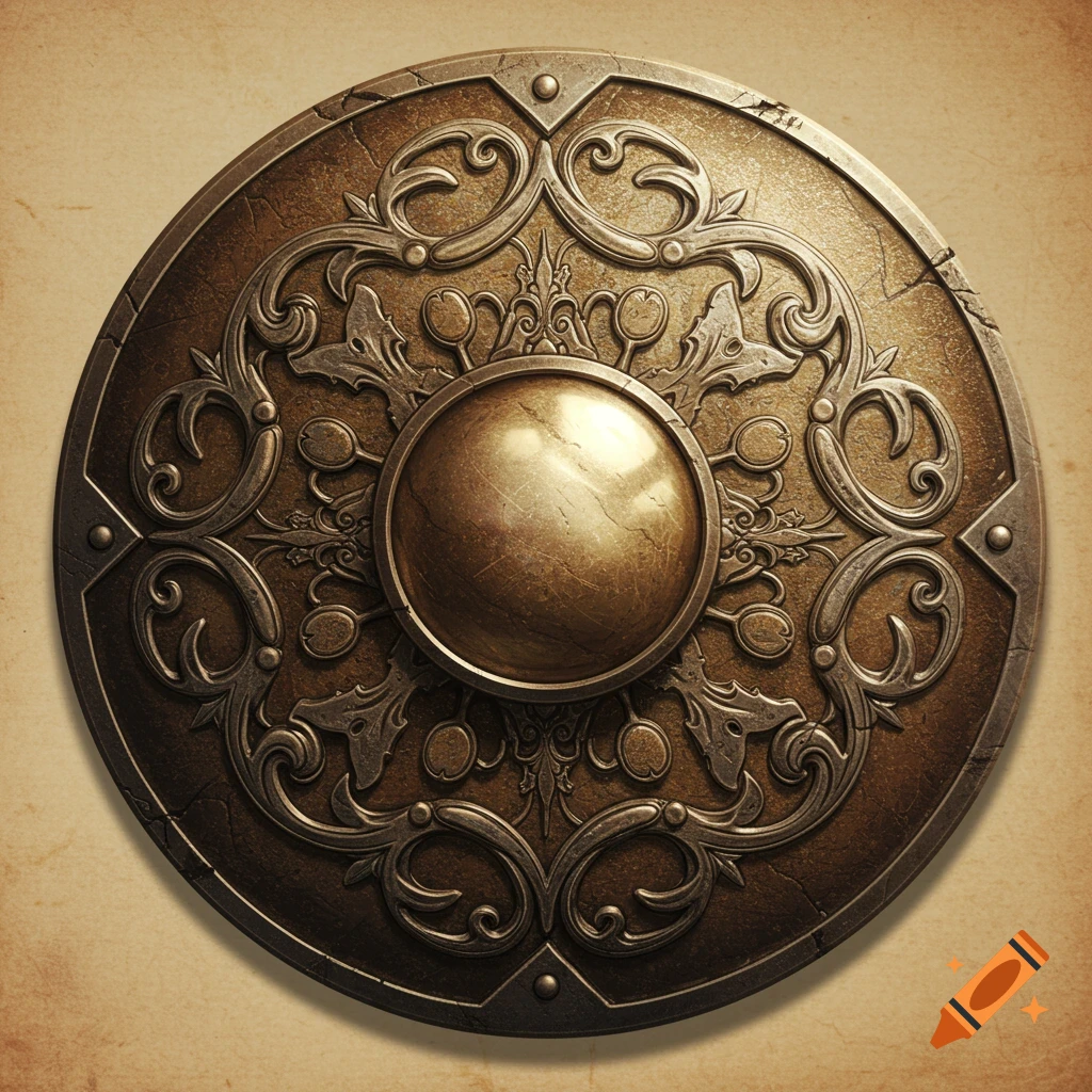 Ornate bronze medieval shield with intricate silver scrollwork on a parchment background.