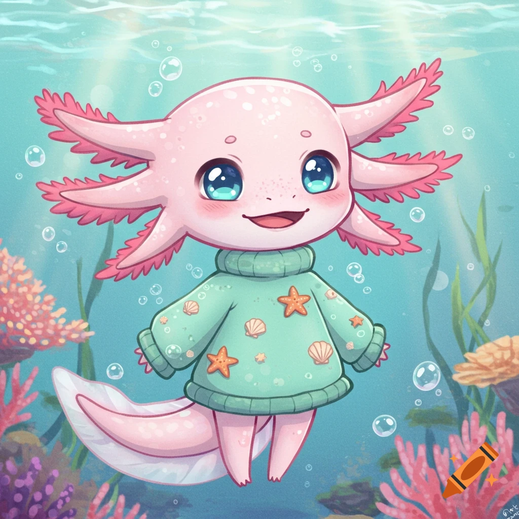 A cute chibi axolotl wearing a green sweater with starfish and shells, smiling underwater among coral.