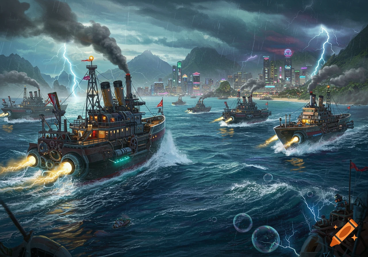 Steampunk-style robot boats with glowing engines navigate a stormy, wavy sea towards a futuristic city under lightning-filled skies.