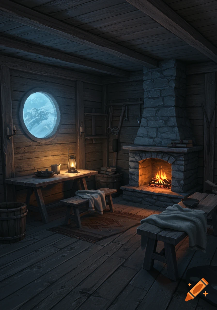 Rustic wooden alpine hut interior at twilight with a lit fireplace, glowing lantern on a table, and a round window showing snowy mountains.