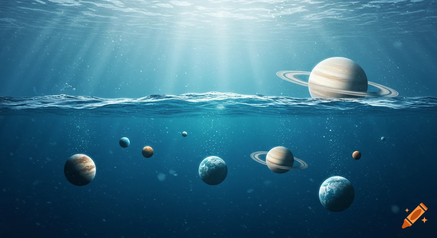 Planets and celestial bodies submerged in clear blue ocean water with light rays filtering from above.