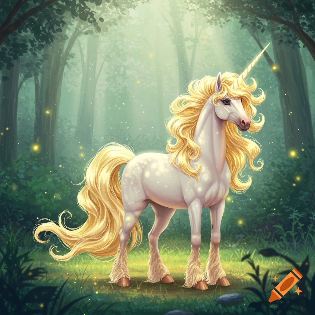 A white unicorn with a flowing golden mane and tail stands in a magical, glowing green forest in an animated style.