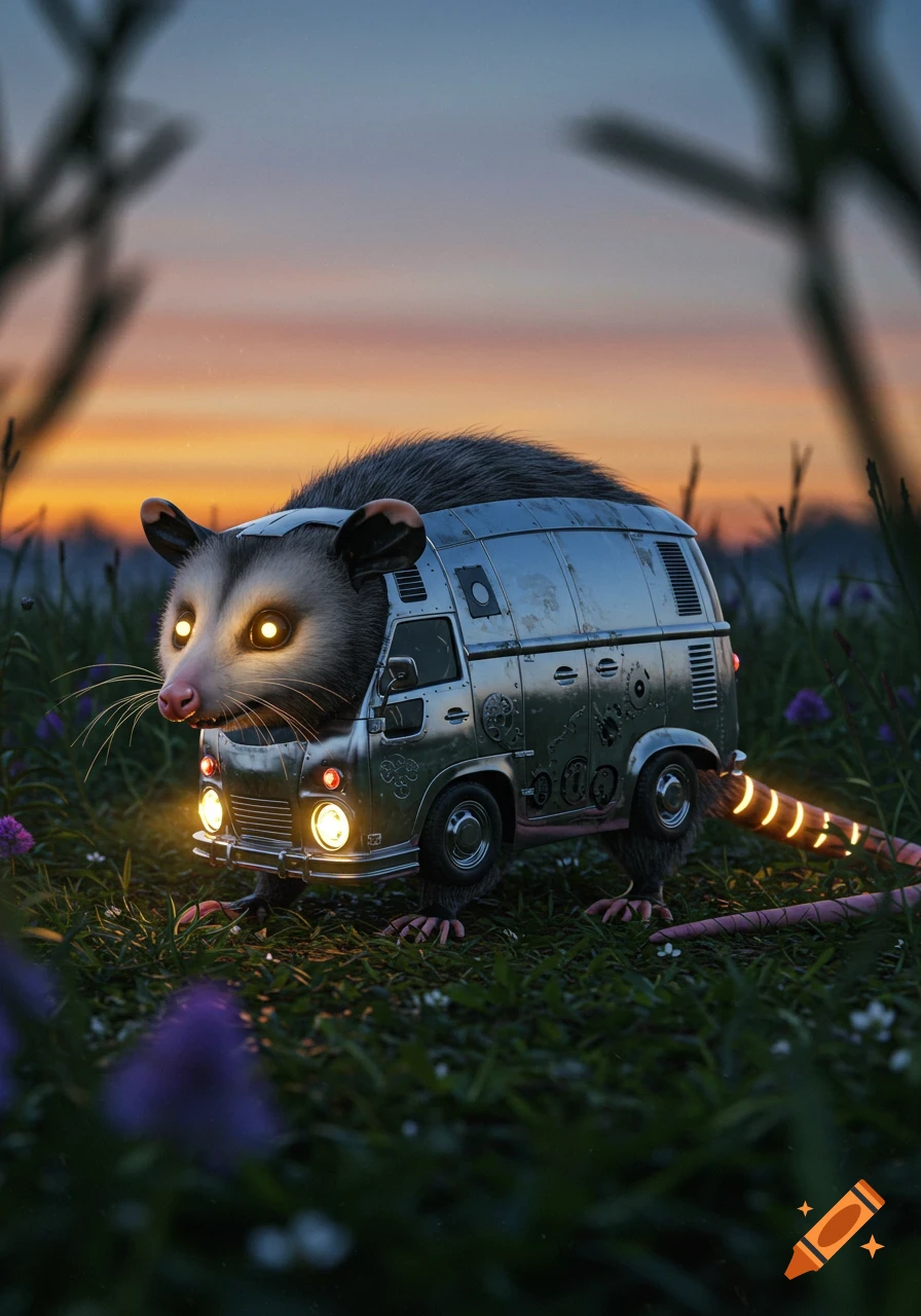 Photorealistic possum head with glowing eyes on a silver van body, with furry legs and a glowing tail, standing in a grassy field at sunset.