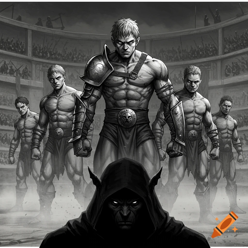 Black and white illustration of five muscular gladiators and a hooded, fanged creature in an arena.