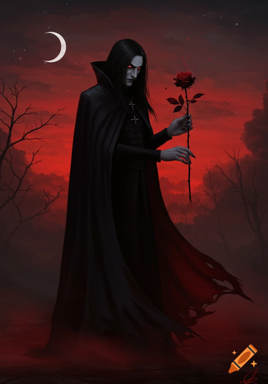 A gaunt vampire in a black cape holds a bloody black rose under a crescent moon in a dark, red-tinged landscape, in a fantasy art style.