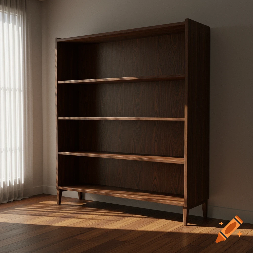 Empty dark wooden 4-shelf bookcase on a wooden floor near a window with curtains, bathed in sunlight.
