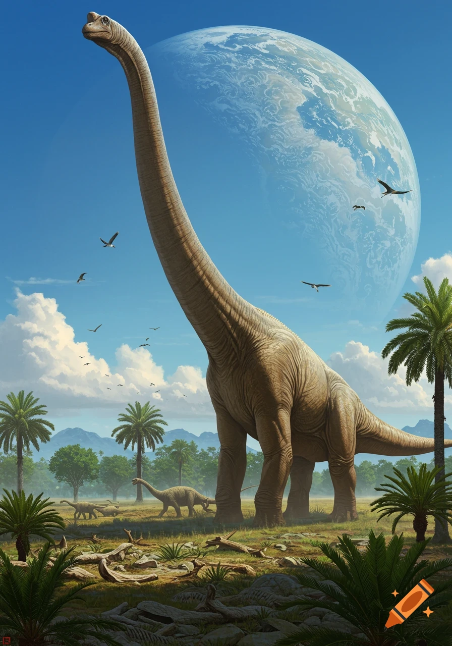 A giant Brachiosaurus stands in a lush prehistoric landscape with palm trees, smaller dinosaurs, and a large planet in a blue sky.