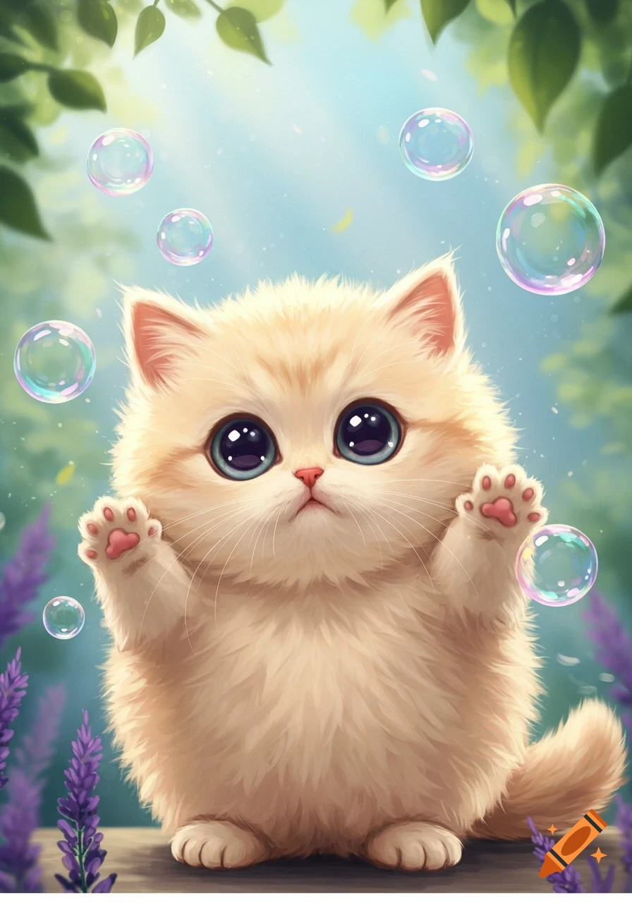 A fluffy orange kitten with big blue eyes, paws raised, surrounded by iridescent bubbles and lavender in a sunlit forest.