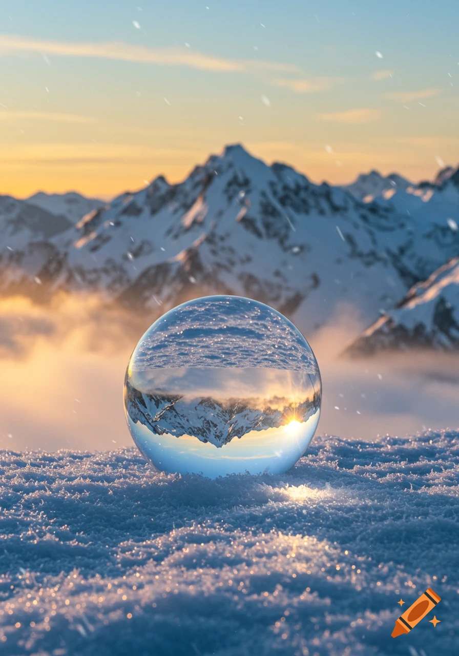 A clear glass sphere sits on sparkling snow, reflecting snowy mountain peaks and a golden sunset sky, with light snowfall.