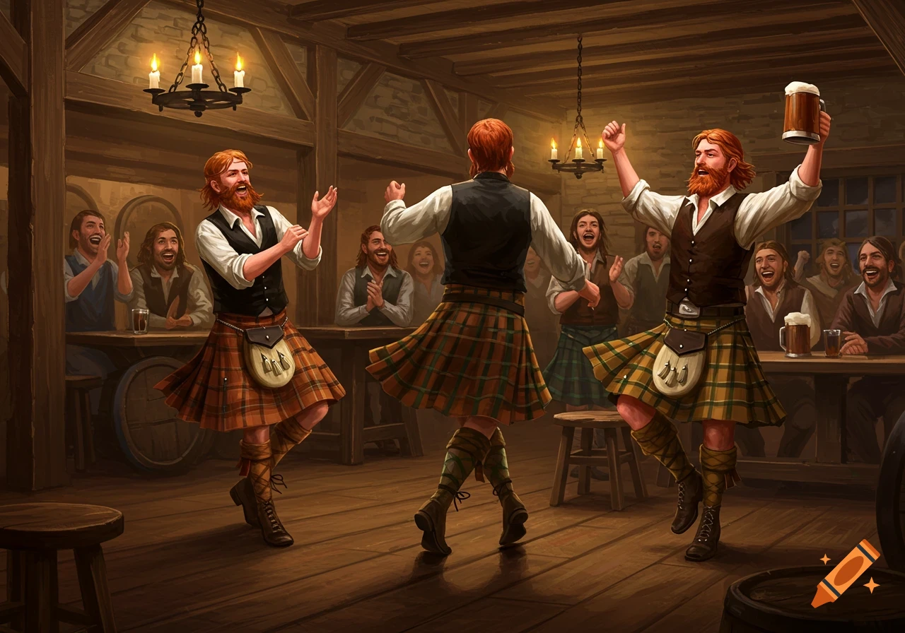 Three men in kilts dance lively in a rustic tavern as others cheer.