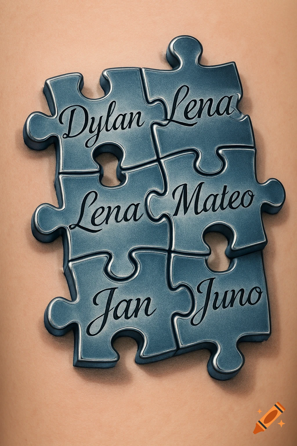 Six metallic blue 3D puzzle pieces, appearing as a tattoo on light brown skin, each with a name: Dylan, Lena, Lena, Mateo, Jan, and Juno.