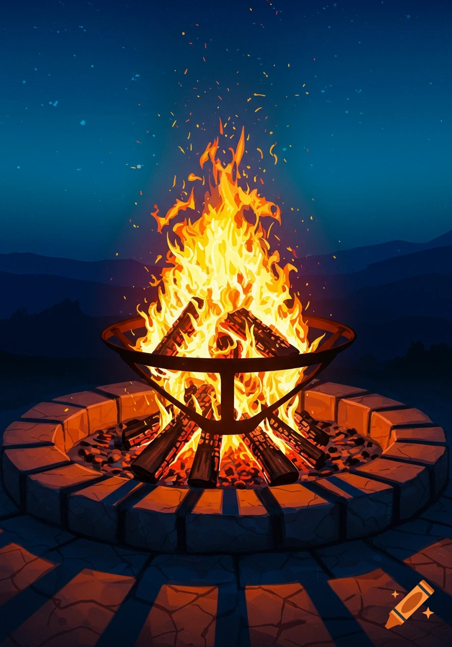 A brightly burning campfire in a metal fire pit surrounded by a stone ring at night, with distant mountains. Digital illustration.