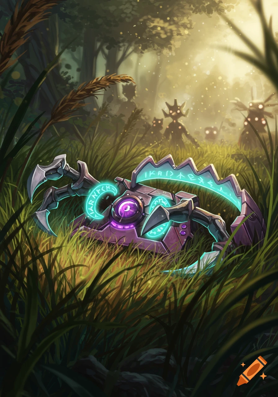 A glowing, purple and teal mechanical trap with runes in tall grass. Shadowy figures are visible in the mystical forest background. Fantasy art.