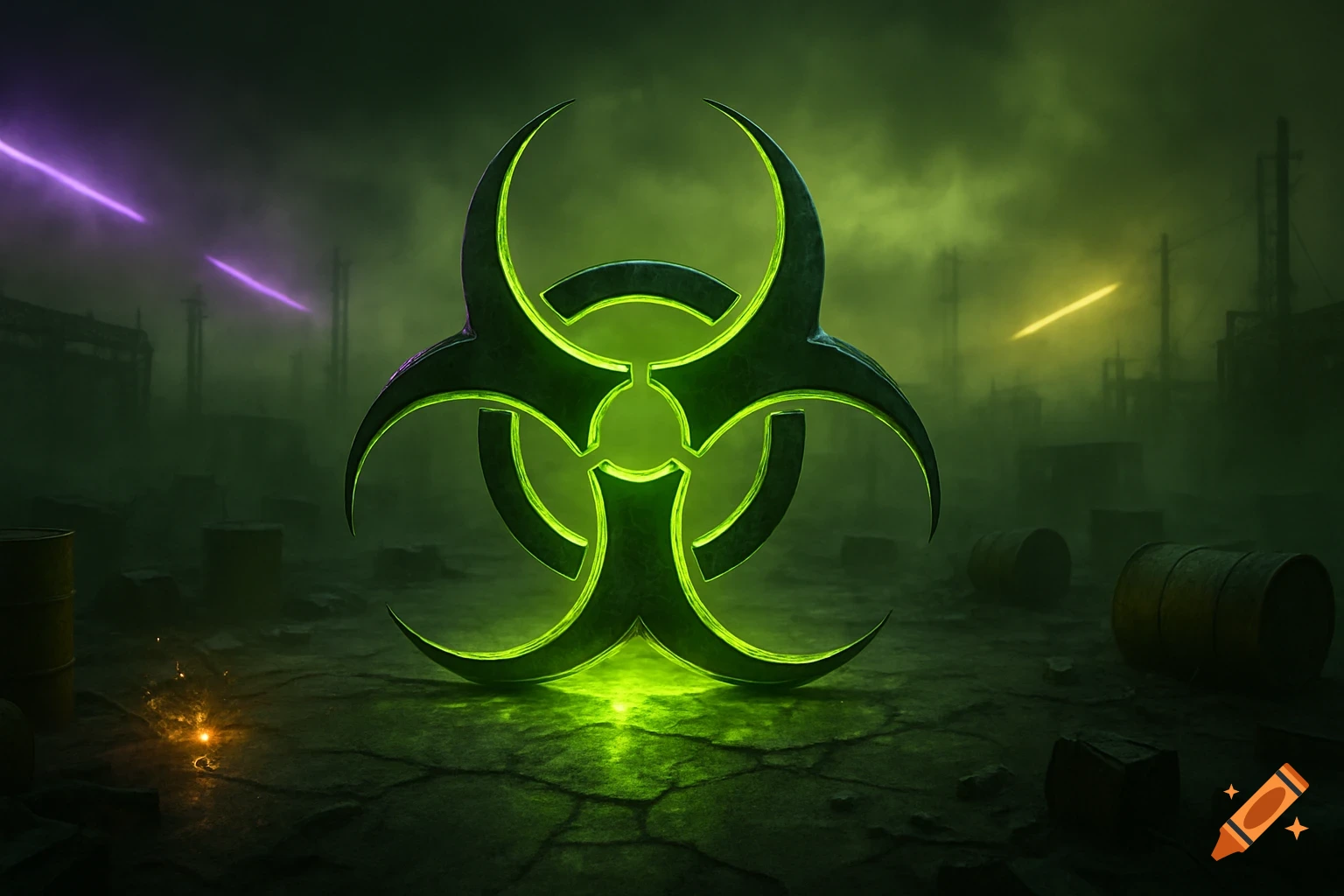 Glowing green biohazard symbol in a dark, foggy, industrial wasteland with purple and yellow light beams.