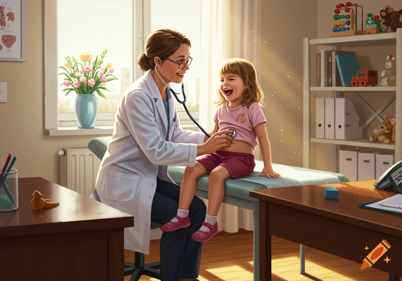 A doctor uses a stethoscope on a smiling little girl's stomach in a bright clinic room.