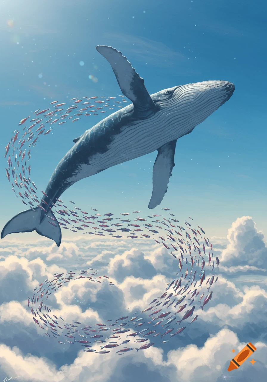 A large humpback whale swims through a blue sky above white clouds, surrounded by a swirling school of small orange fish.