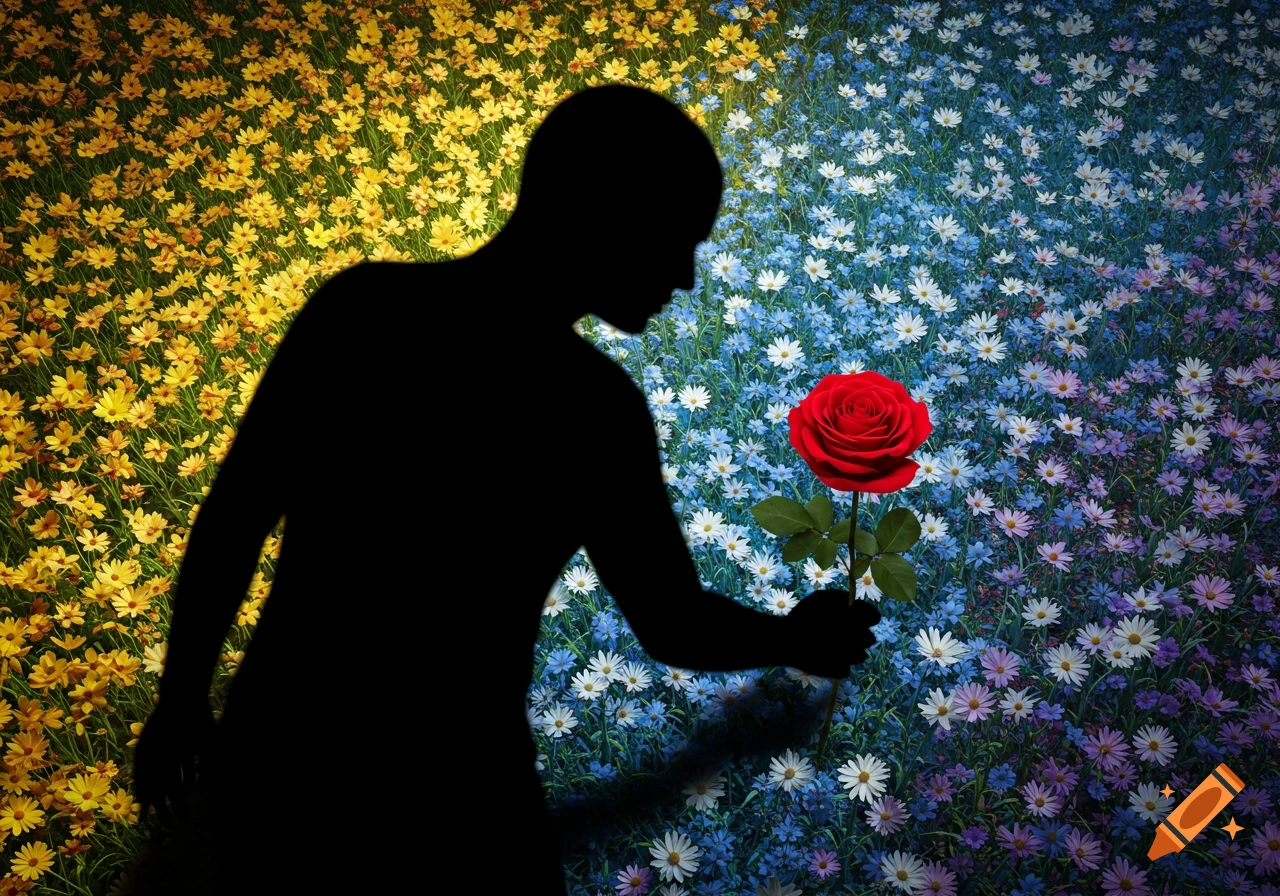 Dark silhouette of a person reaching for a vibrant red rose in a field of colorful yellow, blue, and white flowers.