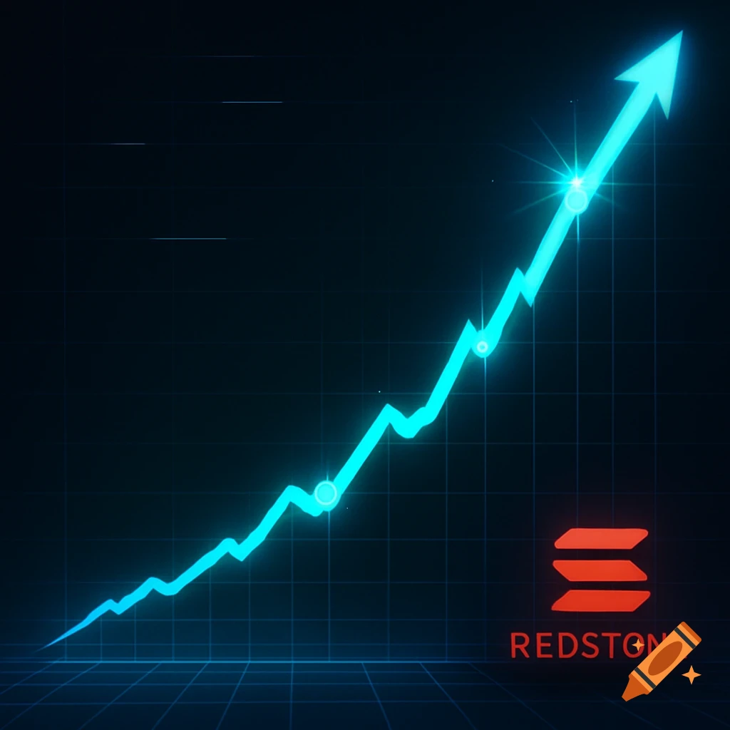 A glowing blue line graph showing an upward trend on a dark grid background, with a red "REDSTONE" logo in the bottom right corner.
