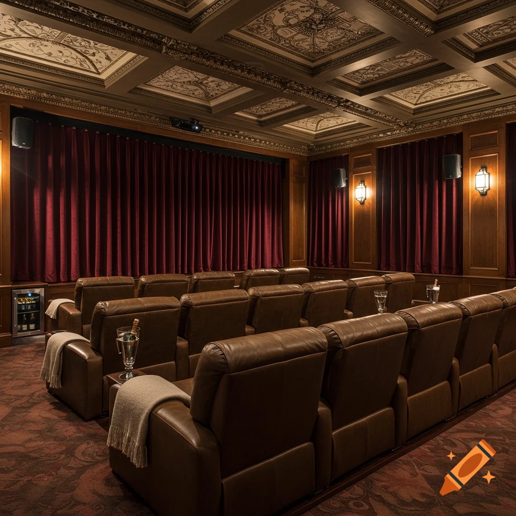 Luxurious private cinema room with brown leather recliners, red curtains, and an ornate, coffered ceiling.
