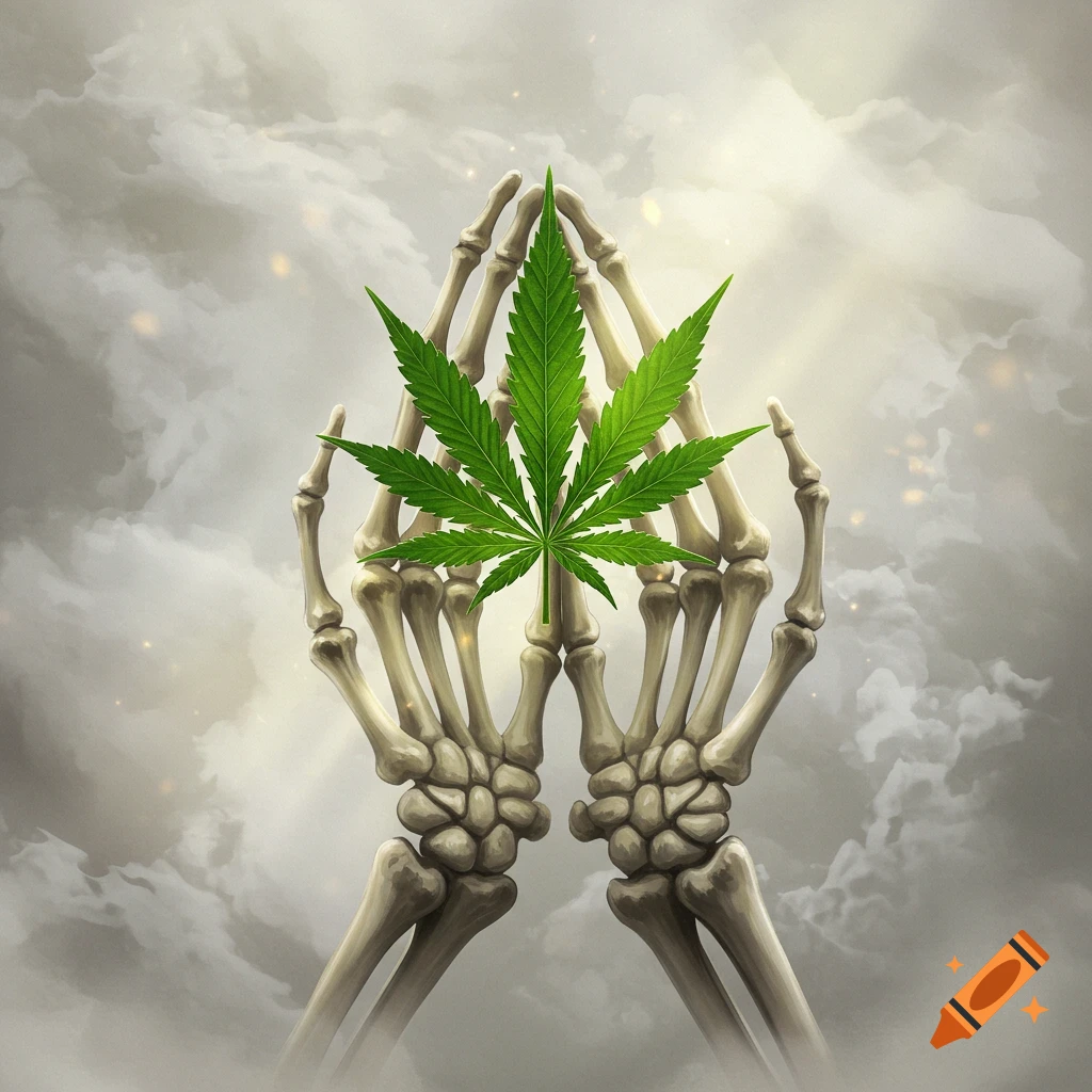 Praying skeleton hands hold a vibrant green cannabis leaf against a luminous, cloudy sky in a digital art style.