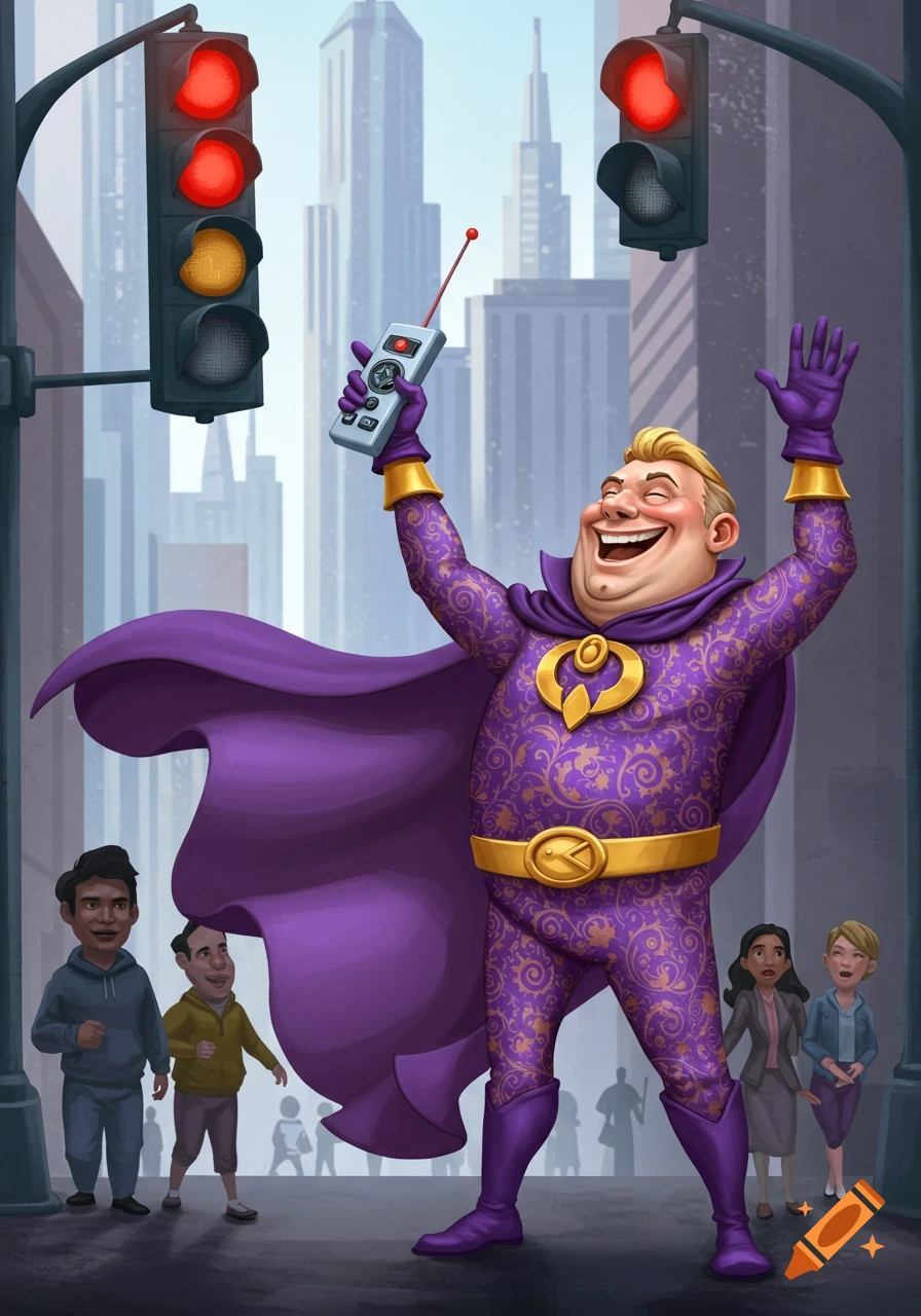 A laughing, portly cartoon supervillain in a purple patterned suit and cape raises arms with a remote control on a city street.