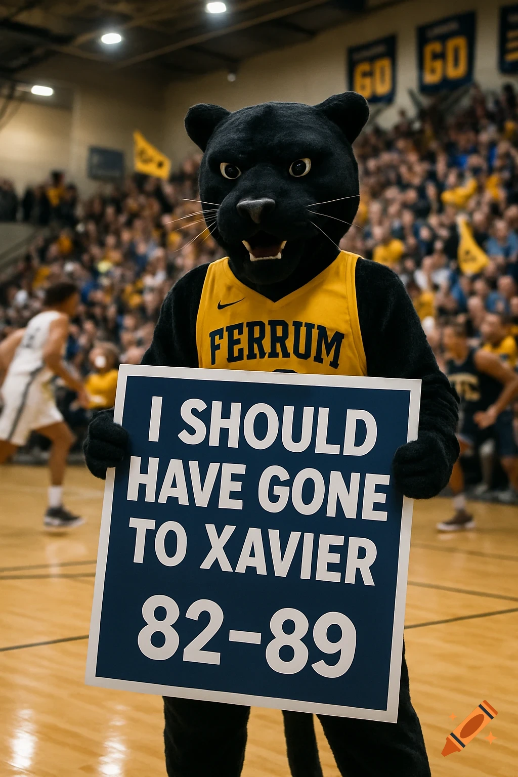 A photorealistic image of a black panther mascot in a yellow 'Ferrum' jersey holding a sign that reads 'I SHOULD HAVE GONE TO XAVIER 82-89' on a basketball court.