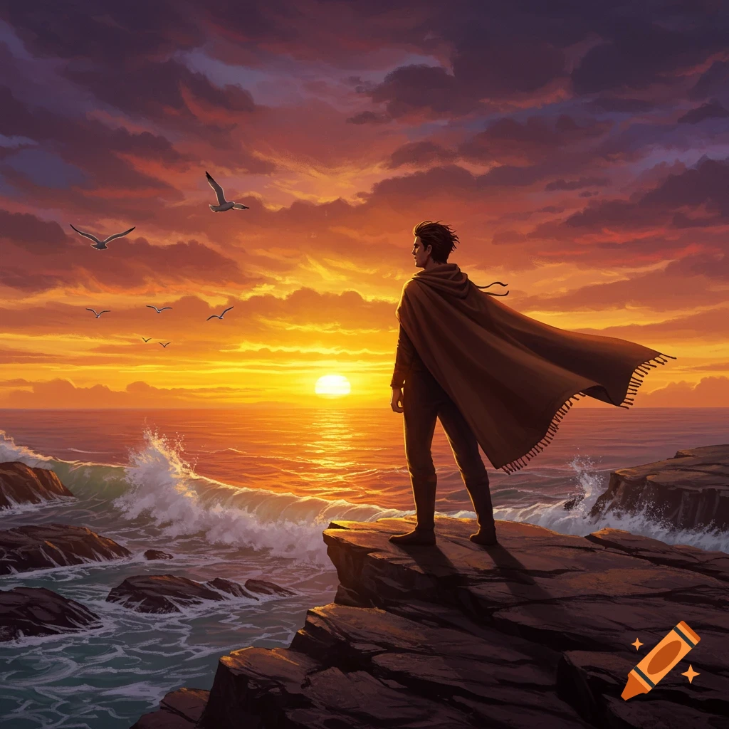 A man in a flowing cape stands on a rocky cliff, gazing at a dramatic ocean sunset with seagulls flying above. Digital art.