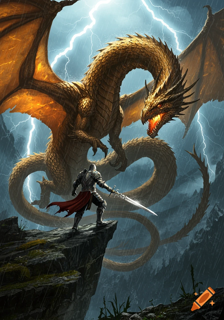 Knight battles a large, golden dragon breathing fire on a stormy mountain peak with lightning striking around them, in an epic fantasy art style.