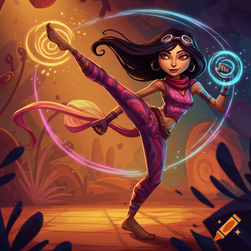 A vibrant cartoon illustration of Milla Vodello doing a high kick with magical glowing orbs, set against a colorful, stylized background.