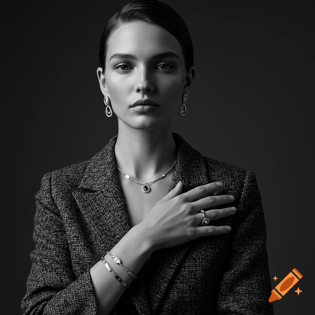 Black and white studio portrait of a woman modeling earrings, a necklace, bracelets, and a ring.