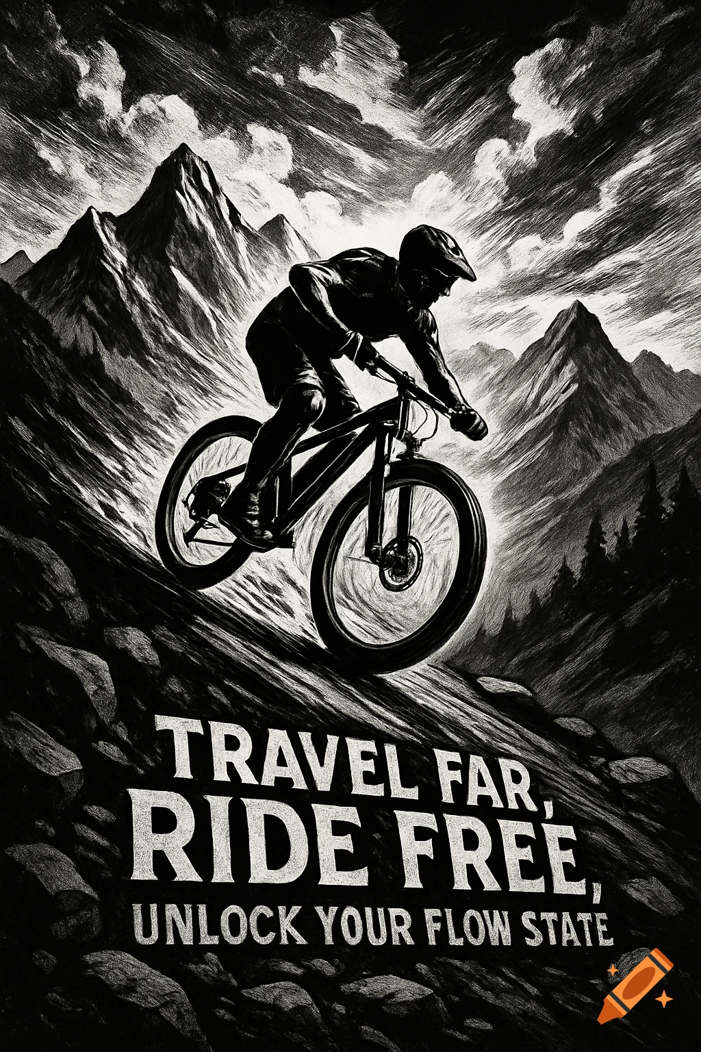 Black and white illustration of a mountain biker descending a rocky mountain trail with text 'TRAVEL FAR, RIDE FREE, UNLOCK YOUR FLOW STATE'.