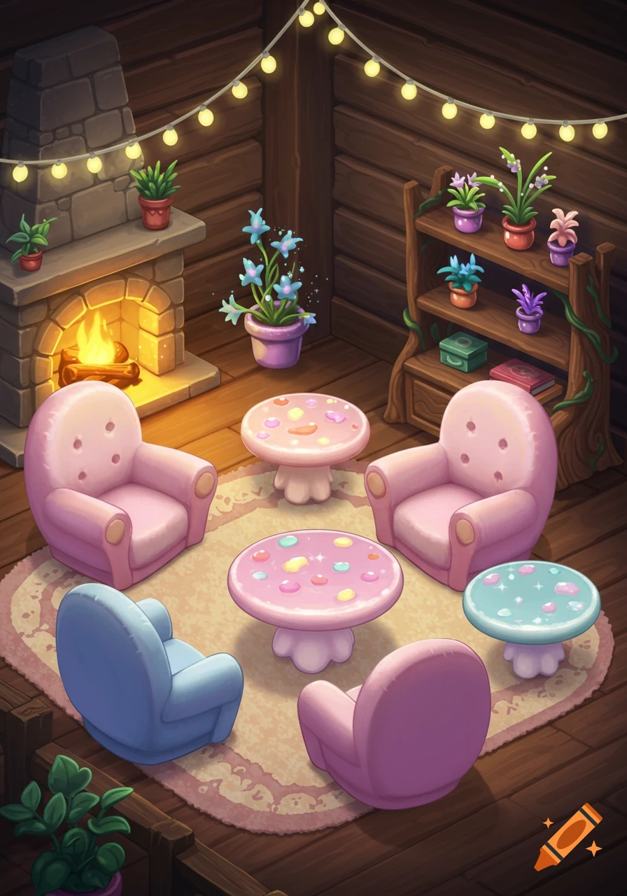 A whimsical, cozy room illustration with mushroom tables, pink and blue chairs, a fireplace, potted plants, and string lights.