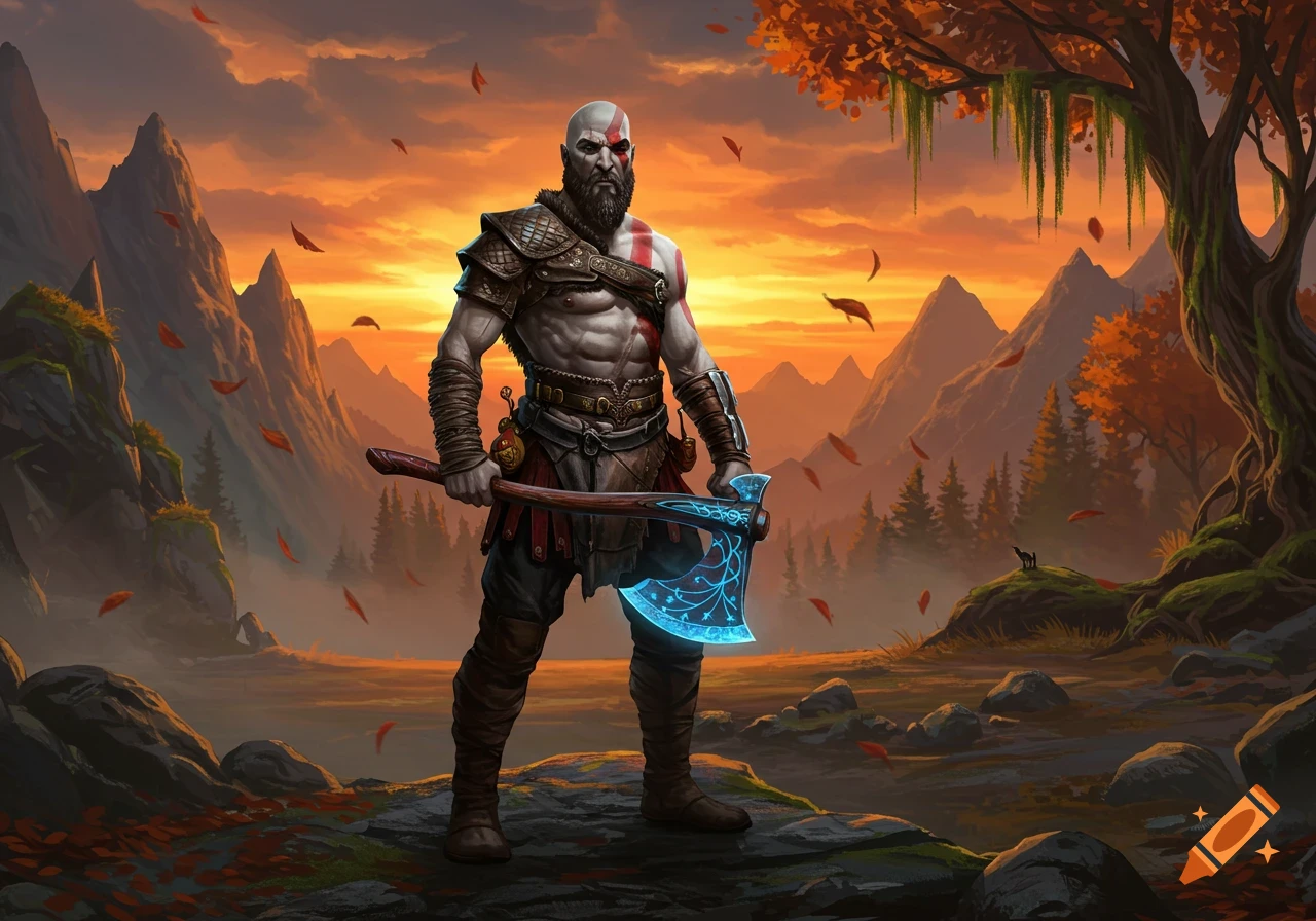 Kratos, a muscular man with a beard and red markings, stands in a mountainous autumn landscape at sunset, holding a glowing axe.
