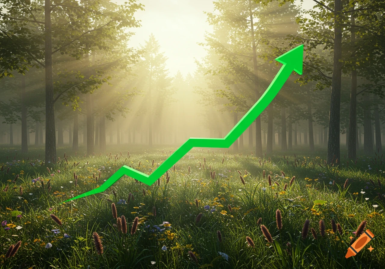 A bright green upward-trending arrow graph over a sunlit forest with trees and a wildflower meadow, symbolizing growth.