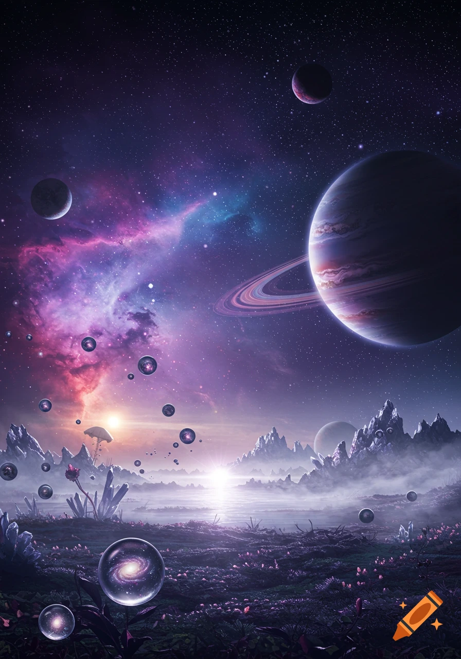 A vibrant cosmic landscape with a ringed planet, nebulae, glowing orbs, and alien flora under a starry sky.