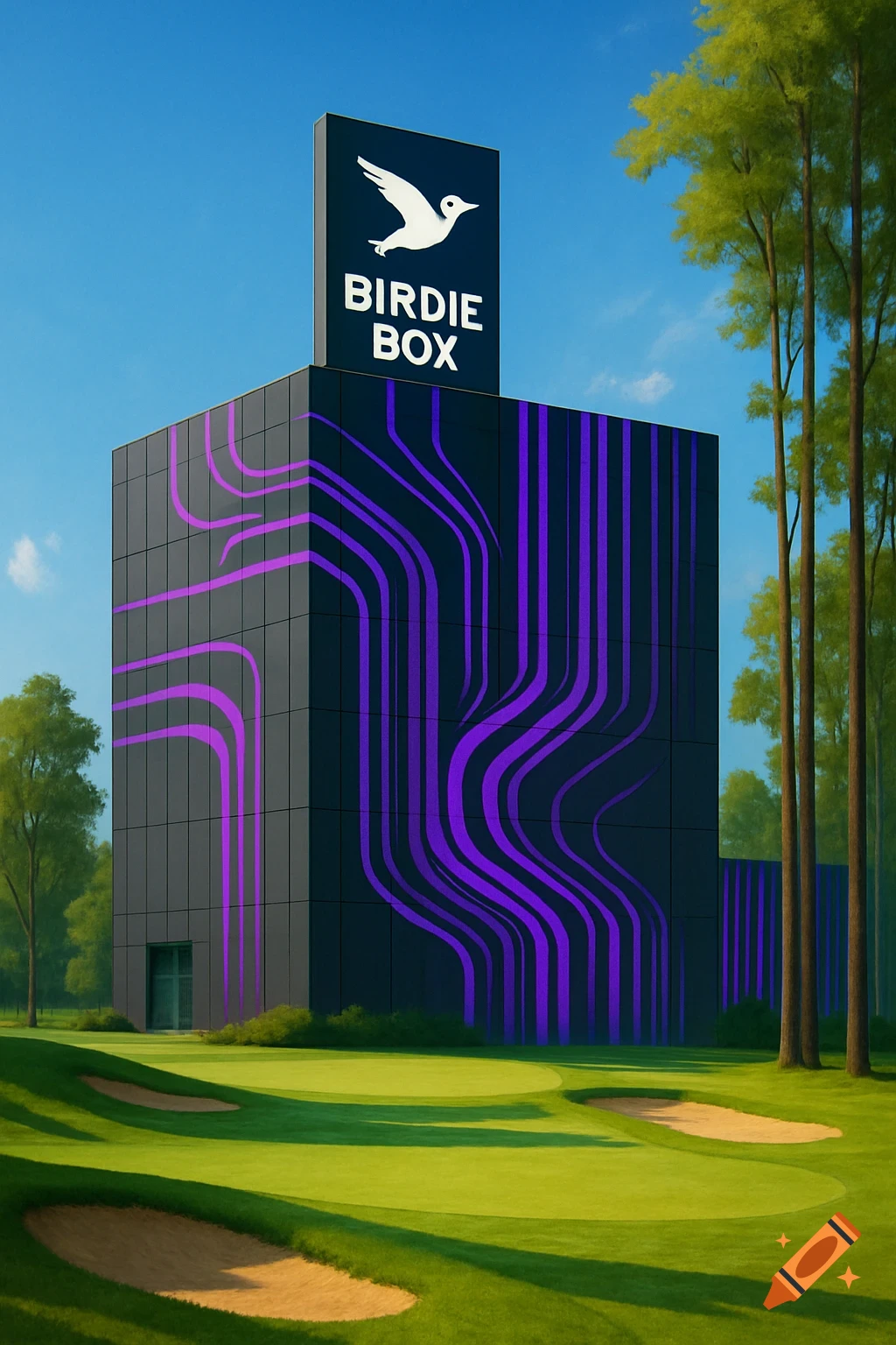 A gray building with purple lines and a 'BIRDIE BOX' sign stands on a golf course with green grass, sand traps, and tall trees.
